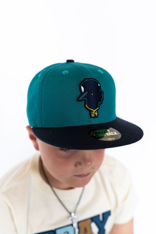 Youth fit with adjustable snapback,
Embroidered Griffey silhouette with #24 detail, Teal crown + black flat bill = big league look
Durable, breathable, and made to keep up with play-all-day energy
