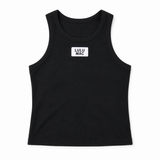 Lulu Mac black fitted tank top with a high neckline, signature Lulu Mac logo patch, and soft rayon-cotton-spandex blend, displayed as a flat lay on a white background.