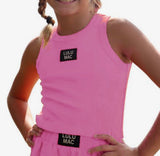 Youth bubblegum pink sleeveless tank top featuring a sporty fit, soft stretch fabric, and Lulu Mac logo detail on the front.