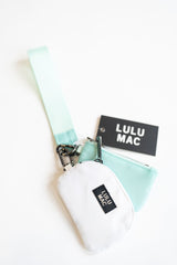 Womens and Teens Lulu Mac mint pouch and white pouch  with hand strap. Embroidered Lulu Mac logo on white pouch
