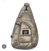 Lulu Mac metallic olive quilted puffer sling bag with zip closure and adjustable crossbody strap displayed on a white background.
