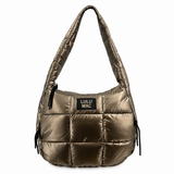 Lulu Mac metallic olive puffer tote bag featuring a quilted design, padded shoulder straps, and a spacious everyday silhouette, displayed on a white background.