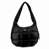 Lulu Mac metallic black matte puffer tote bag featuring a quilted design, padded shoulder straps, and a spacious everyday silhouette, displayed on a white background.