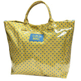 Yellow polka dot tote bag with a blue Lulu Mac label on a white background