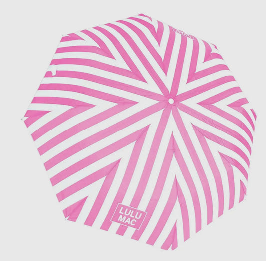 Pink and white striped hat with 'LULU MAC' branding on a light gray background