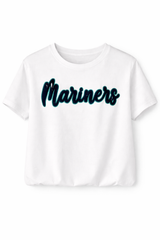 White bubble-style t-shirt with a double-layered tucked hem and navy chenille-style script lettering outlined in subtle shimmer teal, displayed on a white background with soft shadow.
