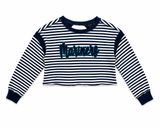 Mariners open back striped cropped sweatshirt in navy and white with embroidered Mariners patch on a white background.