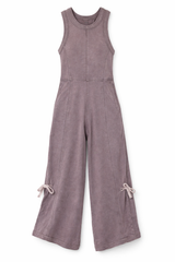 Mauve sleeveless wide-leg jumpsuit with tank-style top, seam detailing, adjustable tie accents at pant legs, and relaxed fit displayed on a white background.