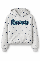 Heather gray polka dot hoodie with navy dots and chenille script lettering on front, featuring a cropped tucked-under hem and kangaroo pocket, displayed on a white background with soft shadow.