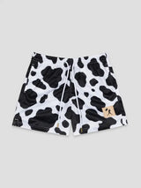Black and white cow print athletic shorts with drawstring waistband western style summer shorts
