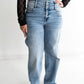 Jeans with crossover button detail, relaxes, straight leg, light wash with soft fading