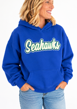 Royal blue Old School Seattle Seahawks pullover hoodie with vintage-inspired cream chenille script lettering, green and navy outline, front kangaroo pocket, and ribbed hem.
