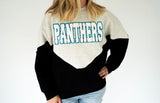 Panthers chenille varsity colorblock sweatshirt in heather gray and black with oversized white PANTHERS lettering outlined in black and bright blue.