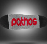 Gray sock with red 'pathos' text on a gray background