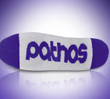 White sock with purple accents and 'pathos' text on a reflective surface