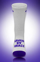 White Pathos sock with 'Saved by Grace' text in purple with purple toe