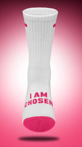 White sock with pink text 'I AM CHOSEN' on a pink background
