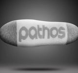 Gray sock with 'pathos' branding on a gray background