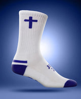 White Christian crew socks with blue cross and athletic strip detail and blue toe
