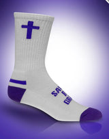 White sock with purple accents and cross design and text " Saved by Grace" on a purple background