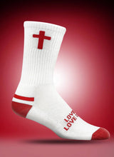 Pathos White sock with red cross and 'LOVE GOD, LOVE OTHERS' text on a red background