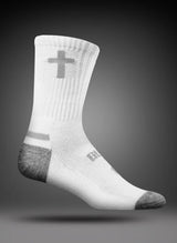 White sock with a cross design and text Glory to God on a gray background
