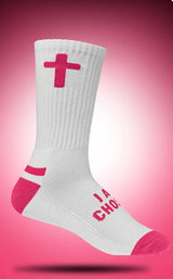 Pathos white sock with pink cross and text "I am Chosen" on the top of the foot