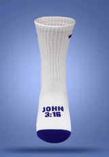 White Christian crew socks with John 3:16 bible verse and blue toe