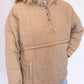Neutral tan quilted design
Pullover style with silver snap-button neckline
Hooded for extra warmth
Oversized front kangaroo pocket + side pockets
Relaxed, easy fit for all-day comfort