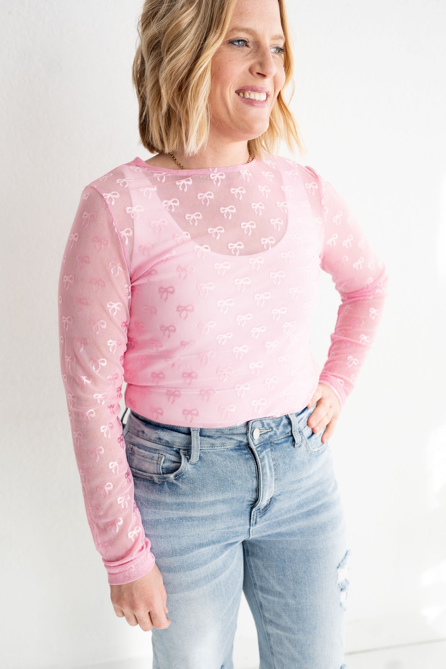 Pink Sheer Bow Detail Mesh Top