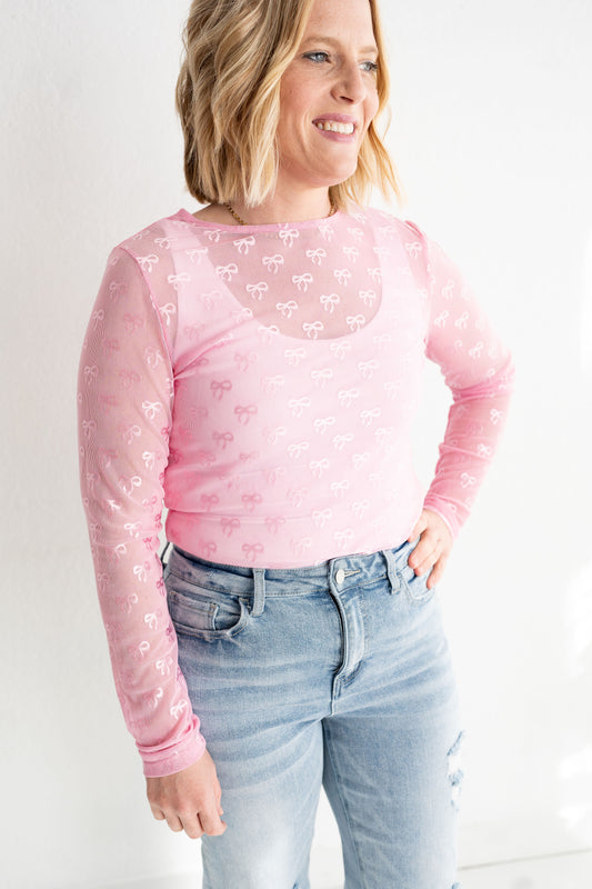 Pink Sheer Bow Detail Mesh Top