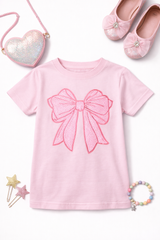 Girls pastel pink t-shirt with large glitter bow patch on front