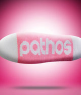 Youth, Womens and Mens Pink Pathos Christian socks with Romans 8:31 Bible verse and cushioned white toe athletic socks