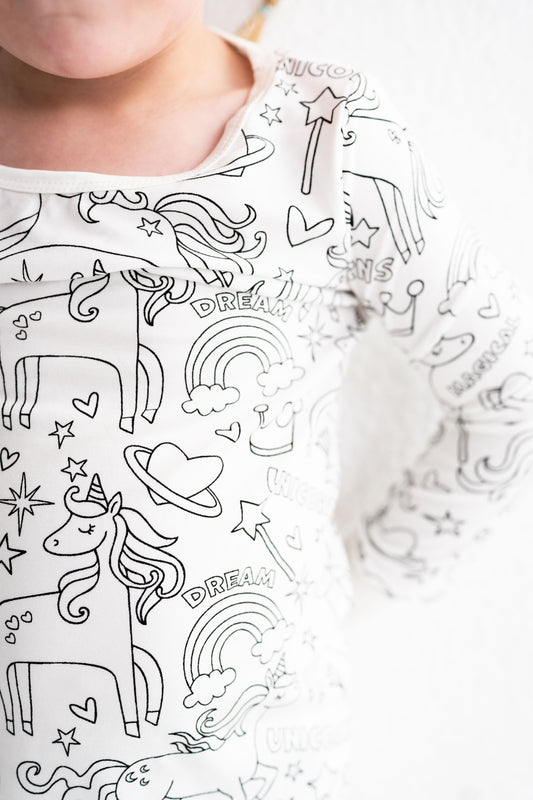 Premium Bamboo material with unicorn print, color me pajamas with fabric makers
