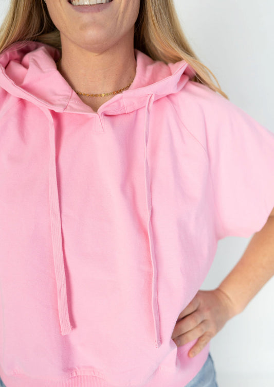  Soft, breathable fabric, Relaxed fit, Hood with drawstrings, Raw-edge V-notch neckline ,gorgeous pink color
