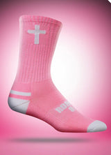 Pink Christian crew socks with white cross and Romans 8:31 Bible verse athletic socks by Pathos