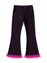 RuffleButts Black pants with pink polka dots and ruffles on a white background