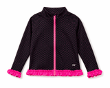 Black polka dot jacket with pink ruffles on a white background