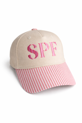 SPF embroidered women’s trucker hat with pink seersucker striped brim boutique baseball cap