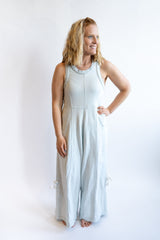 Casual light blue one-piece jumpsuit with tank-style top and flowy legs