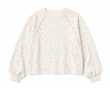 Simply Southern Blush Floral Lounge Crew Neck Pullover featuring a soft pink floral print, contrast piping, and balloon sleeves on a white background.