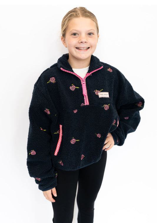 Super-soft sherpa fleece material for ultimate warmth
Allover embroidered pink rose details 🌹
Bright pink quarter-zip with coordinating trim
Front kangaroo pocket for chilly hands or little treasures
Simply Southern logo patch on chest
Relaxed fit for layering and easy movement
Available in Youth Sizes Small–Large
