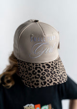 Small Town Girl leopard brim trucker hat worn by teen, tan embroidered snapback women's boutique baseball cap