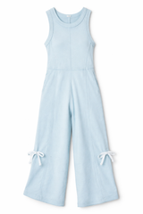 Light baby blue sleeveless wide-leg jumpsuit with tank-style top, seam detailing, and white adjustable tie accents at the pant legs, displayed on a white background.