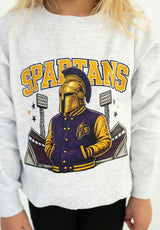 Youth heather gray Spartan Spirit crewneck featuring gold Spartans lettering and a purple and gold Spartan mascot with stadium details.