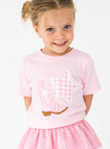 Sweet Wink Bandana Cowgirl Patch Western Short Sleeve T-Shirt in ballet pink featuring a pink bandana-print cowboy boot and pink gingham star appliqué on a soft 100% cotton toddler tee.
