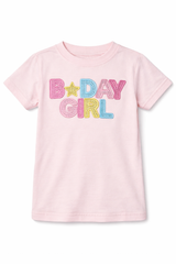 Little girls light pink birthday girl shirt with colorful rhinestone letters