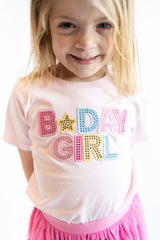 Toddler girls pink birthday girl shirt with colorful rhinestone letters and matching pink sparkly tutu skirt, cute birthday outfit for party and photos
