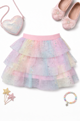 Little girls pastel pink rainbow layered tutu skirt with glitter star confetti tulle