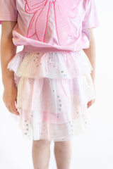 Toddler girls pastel rainbow tutu skirt with layered tulle and sparkly star details, soft multicolor party skirt for dress up and everyday outfits